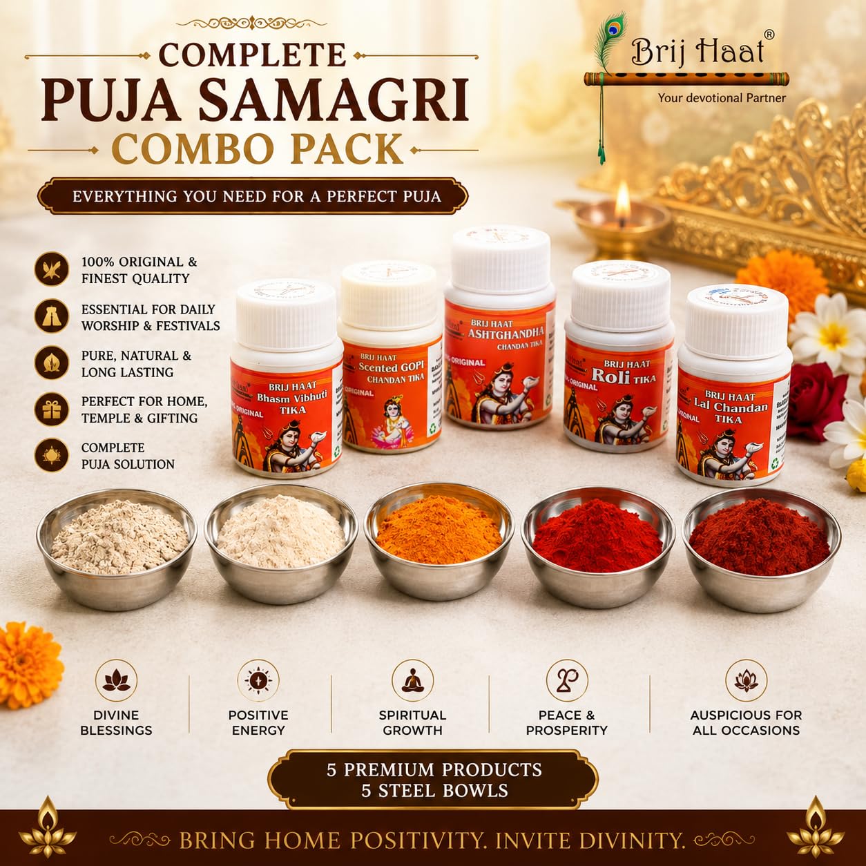 BRIJ HAAT 5pc Premium Quality Chandan Powder Tilak Set, Lal Chandan, Gopi Chandan, Astghandha Chandan, Bhasm Vibhut Tika, Roli Tika, Pack of 5