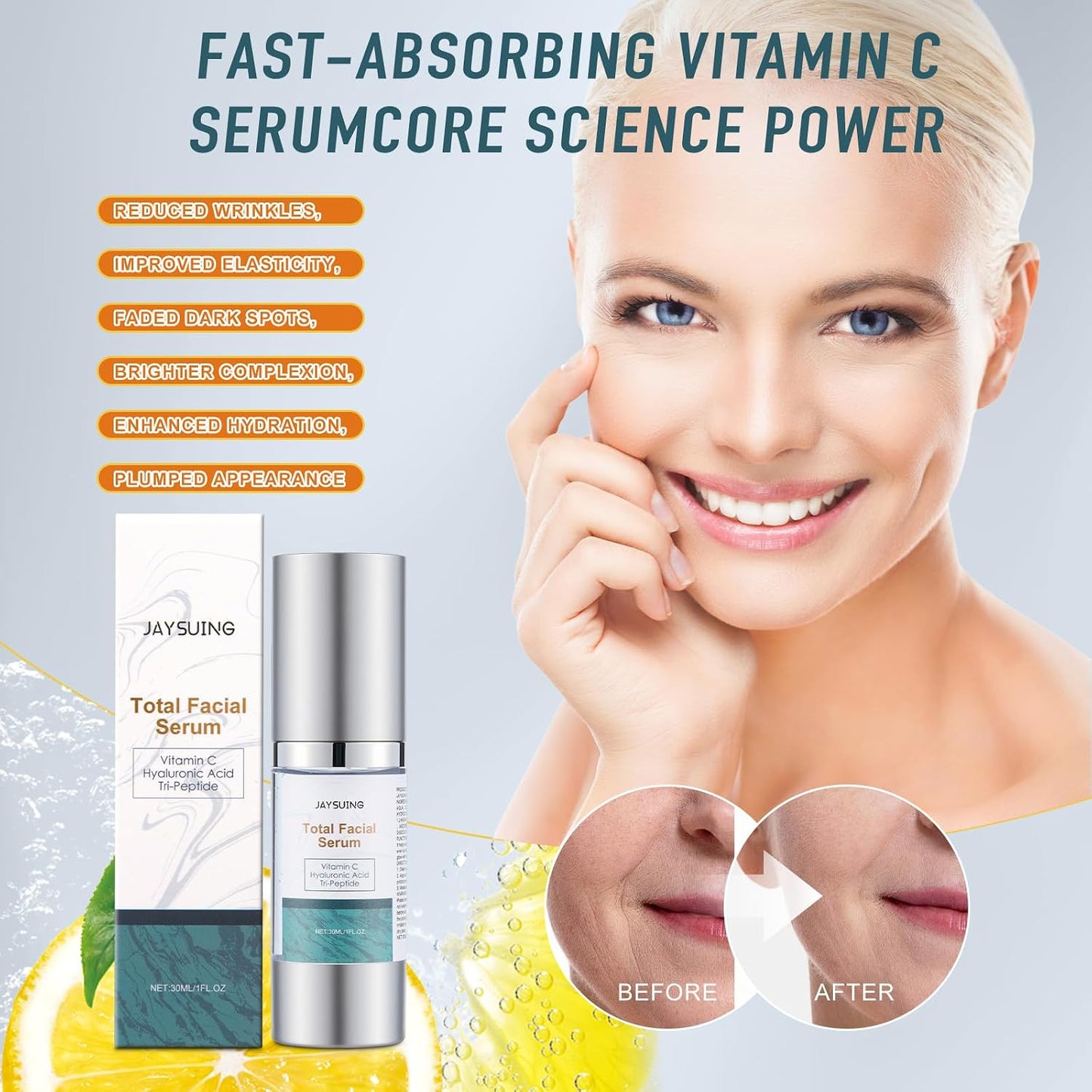 Vitamin C Serum for Face - Hyaluronic Acid & Peptides Anti-Aging Treatment | Dark Spot Corrector, 1 fl oz