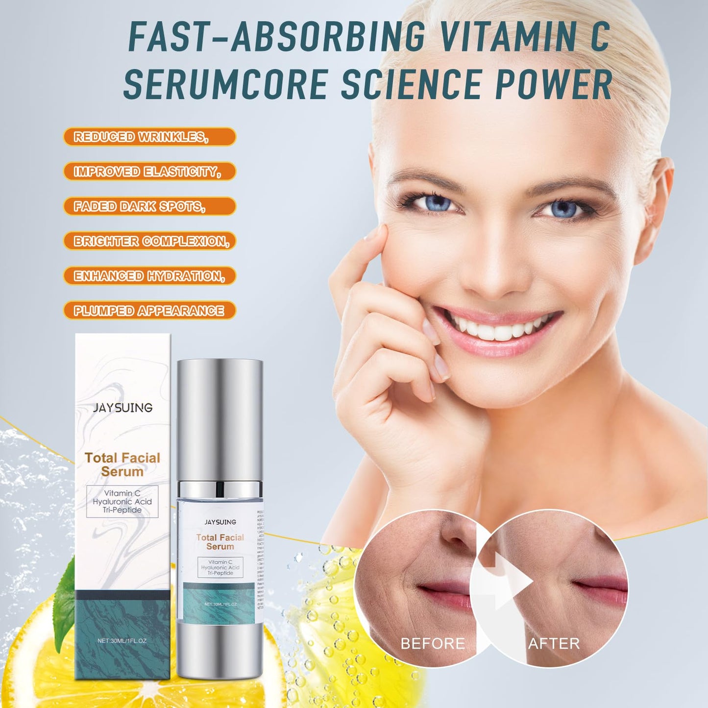 Vitamin C Serum for Face with Hyaluronic Acid & Peptides - Anti Aging Serum for Women & Men, Dark Spot Corrector for Firming, Hydrating Treatment to Reduce Wrinkles & Fine Lines, 1 fl oz