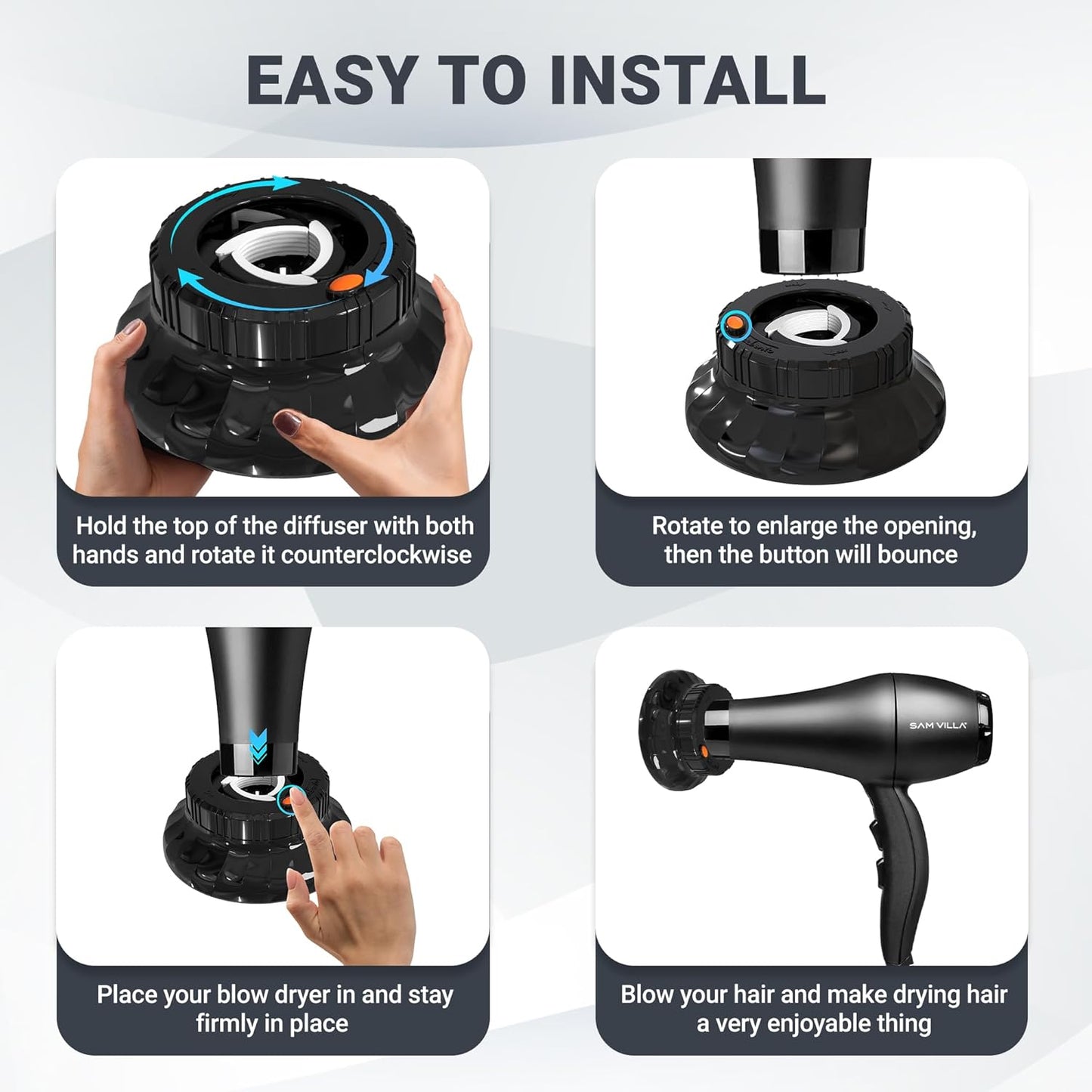 Universal Hair Diffuser - Ionic Attachment for Curly/Wavy Hair | Fits 1.4-2.4 Inch Dryers, Reduces Frizz, Lightweight, Travel-Friendly (Black)