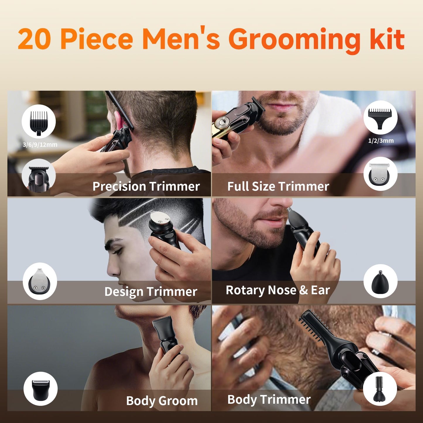 KOMINGDON 20 Piece Hair Clipper Beard Trimmer for Men, All-in-One Men's Grooming Kit for Nose,Ear,Body,Mustache, Cordless Electric Shaver Razor with IPX6 Waterproof,120-Min Runtime,LED Display