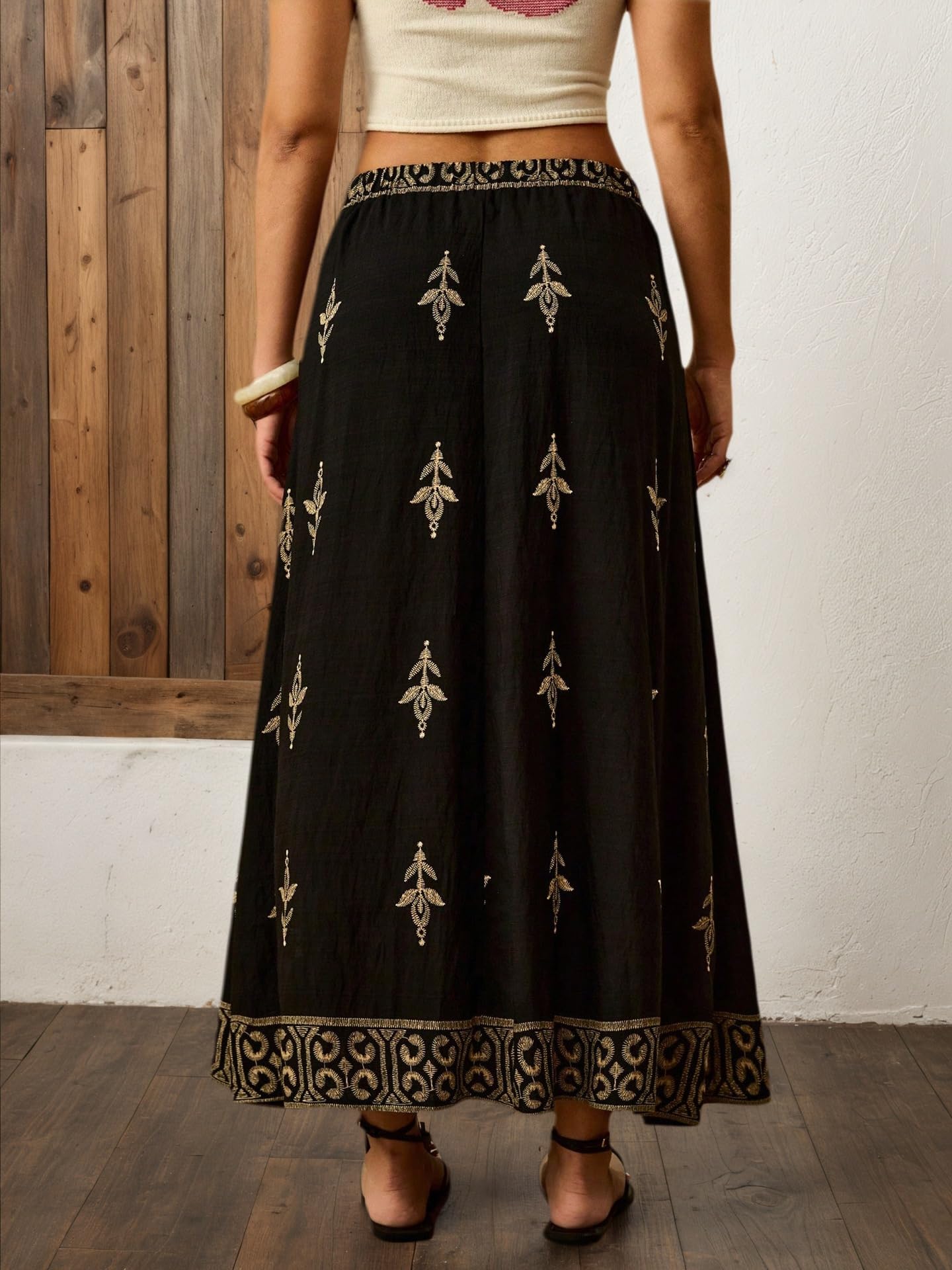 Women’s High Waist Maxi Skirt Floral Print Side Slit Straight Skirt Boho Casual Summer Vacation Beach Long Skirt Black