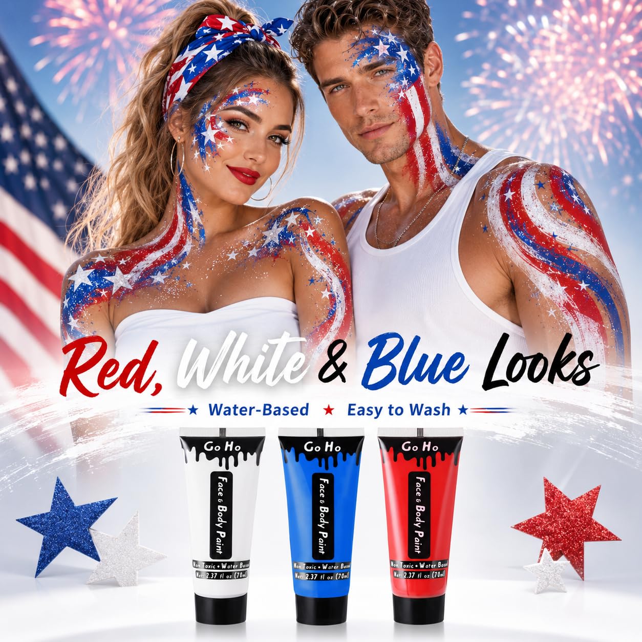 Go Ho Red White and Blue Face Body Paint(7.1 oz) for Independence Day,4th of July Accessories,Cream Water Based Patriotic USA Flag Face Paint for Sport Game 250 Anniversary USA Makeup