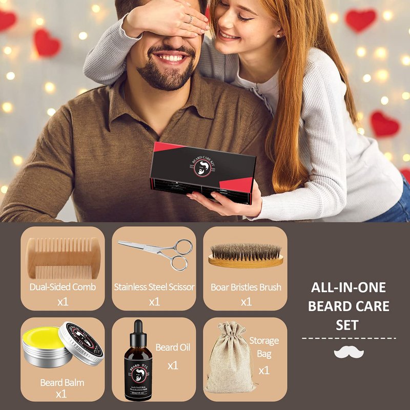 Fathers Day Dad Gifts, Beard Kit for Men, Beard Growth and Grooming Kit w/Beard Oil Beard Balm Beard Brush Beard Comb Beard Scissors, Birthday Gifts for Men Husband Him Grandpa Boyfriend Son Brother