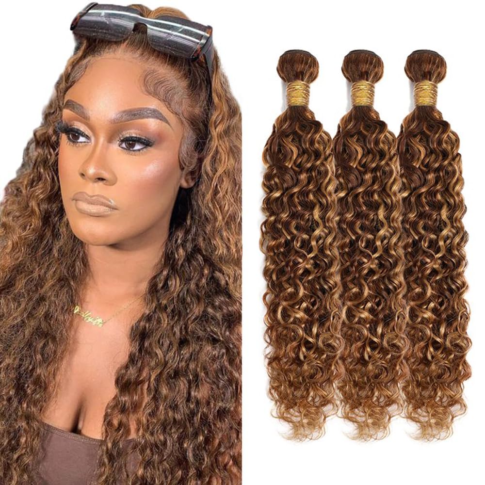 22 24 26 Inch P4/27 Blonde Bundles Human Hair Water Wave 3 Bundles Brazilian Remy Hair 50 Grams/Bundle 10A Grade Unprocessed Virgin Hairs Highlight Blonde Water Wave Bundle Weaves Extensions