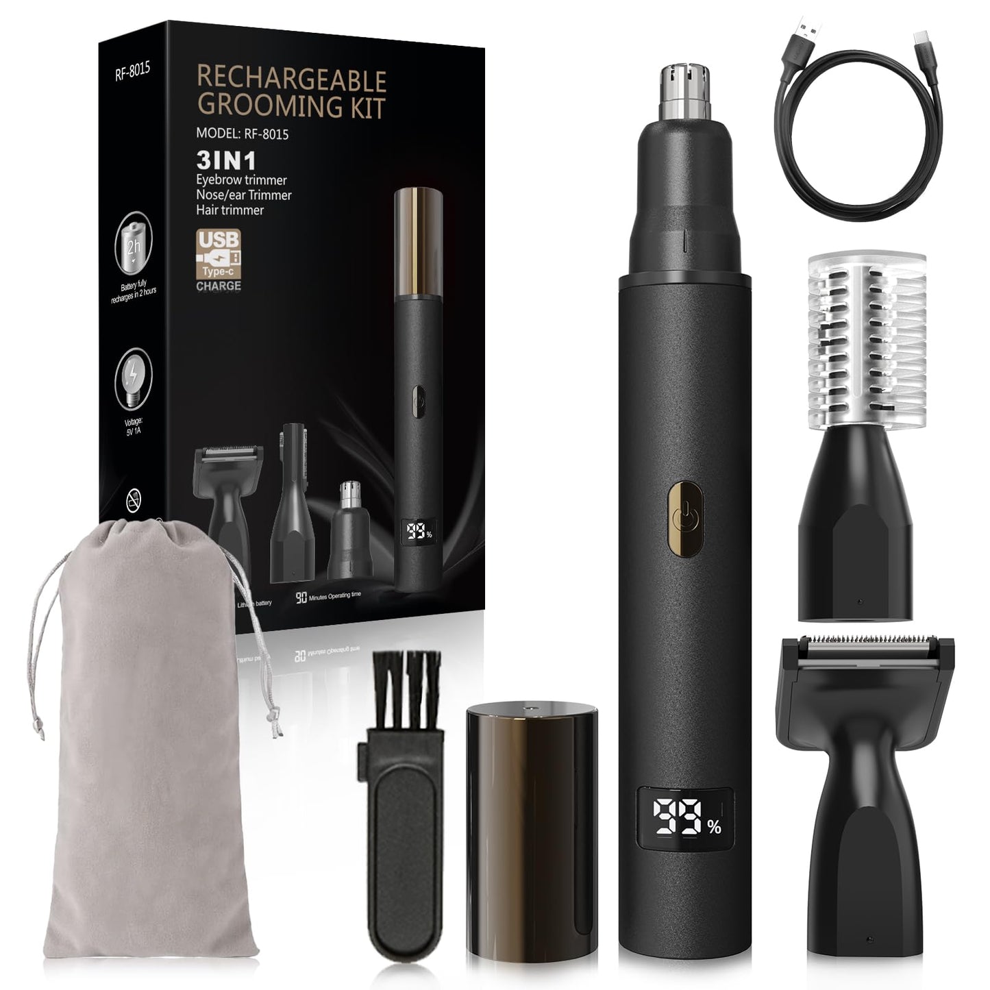 Kynor 3-in-1 Nose Hair Trimmer for Men & Women – Electric Ear and Nose Hair Trimmer, Eyebrow Trimmer, USB-C Rechargeable Facial Hair Removal Device, Stainless Steel Blades, Digital LED Display