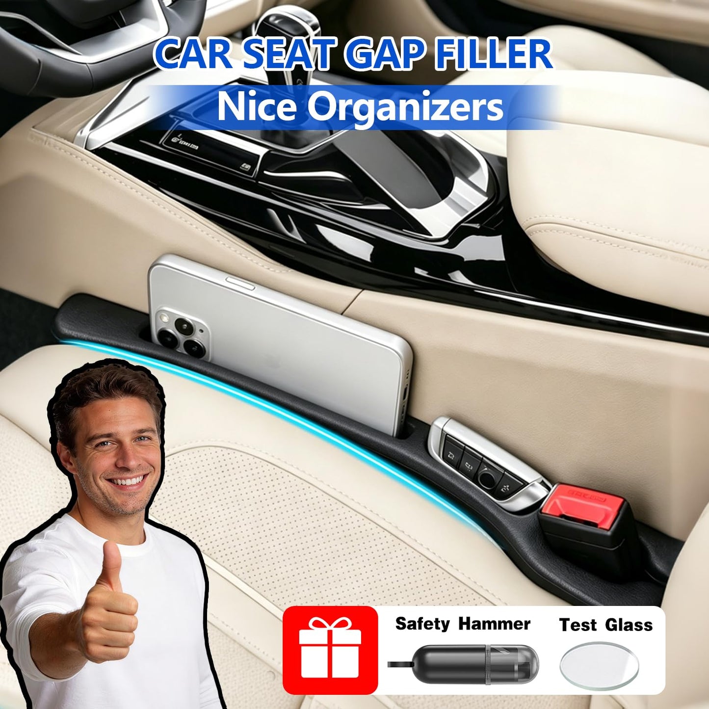 CGhardbay Car Seat Gap Filler Organizer 2Pcs,Car Accessories with Safety Hammer,2 in 1 No Drop Seat Guard with Storage Slot for Phone,Keys,Universal Interior Gap Filler for Cars SUV Truck,Black
