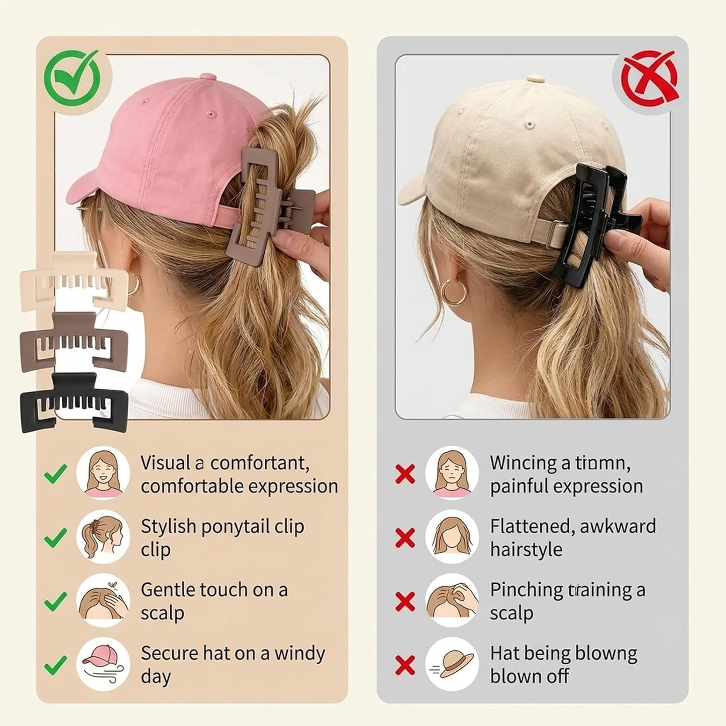 Hair Claw Clip Set - 4 Pack for Baseball Caps | Secure Hold for Thick Hair Styling