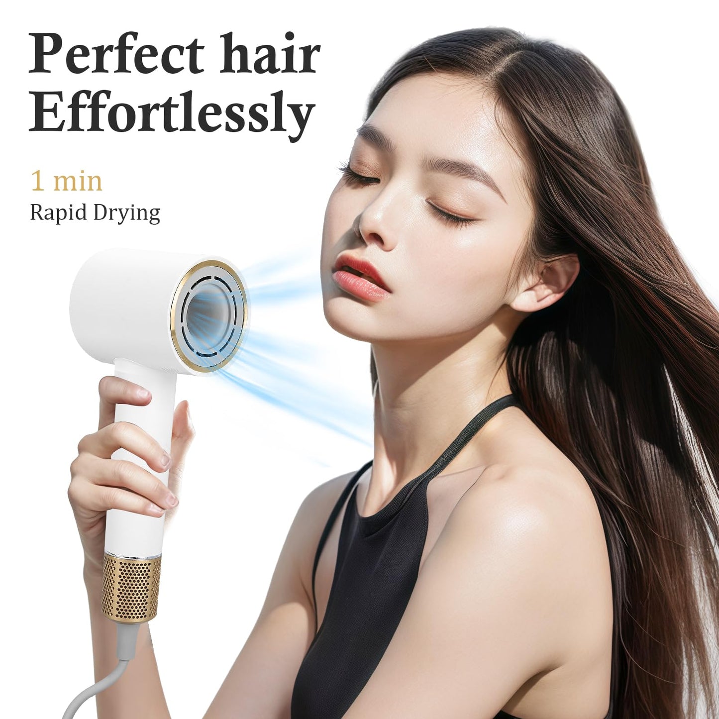 Hair Dryer,110000 RPM High-Speed Brushless Motor,GFCI Safety Plug--For high humidity,Negative Ionic Fast Drying, Low Noise,Thermo-Control Hair-Dryer-with-LED Display and Nozzle (White)