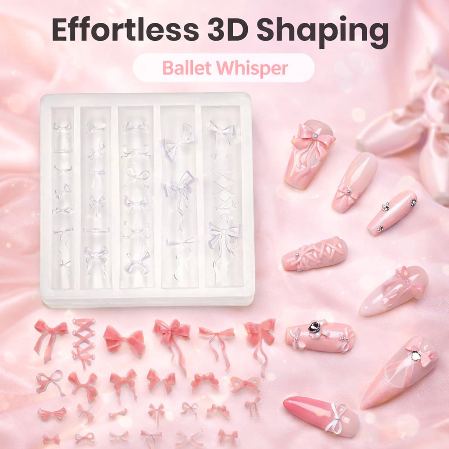 Beetles 3D Gel Nail Art with 3D Mold,Pink Solid Builder Nail Gel,Non-Sticky Sculpting 3D Nails & Dual-Ended Sculpture Pen & Stiletto Dual From, Beginner Friendly DIY at Home,Ballet Whisper