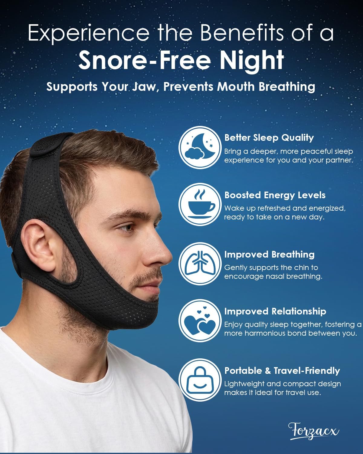 Anti Snore Chin Strap - Breathable Snoring Solution, Non-Stick Hair, Black | Comfortable Fit
