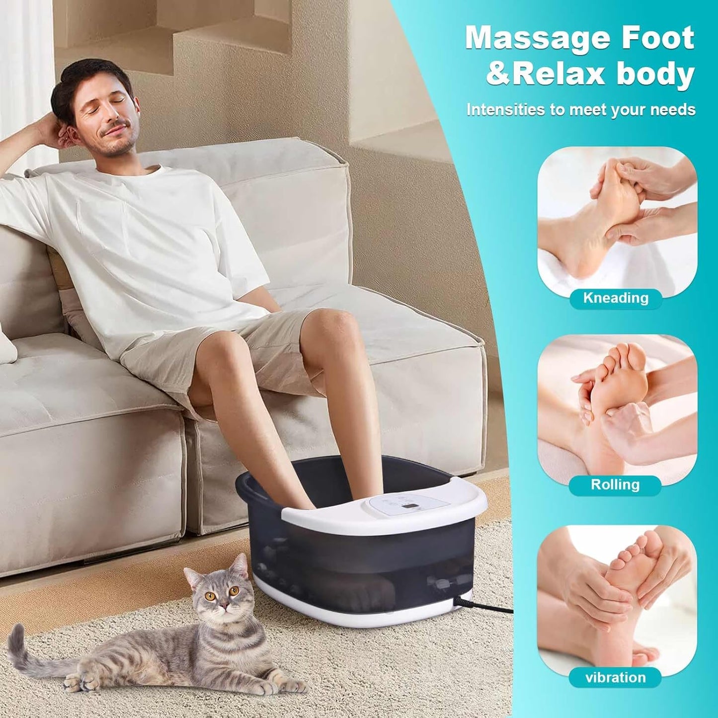 Foot Spa Bath Massager with Heat - 22 Massage Rollers, Temperature Control & Vibration | Relaxing Soaking Tub - Grey