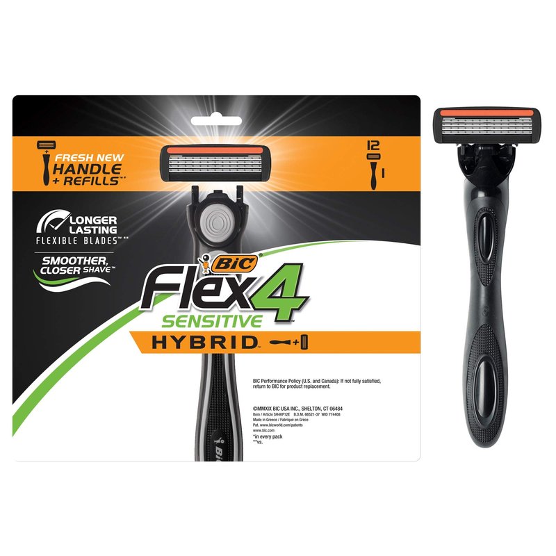 BIC Flex 4 Sensitive Hybrid Men's 4-Blade Disposable Razor, 1 Handle and 12 Cartridges