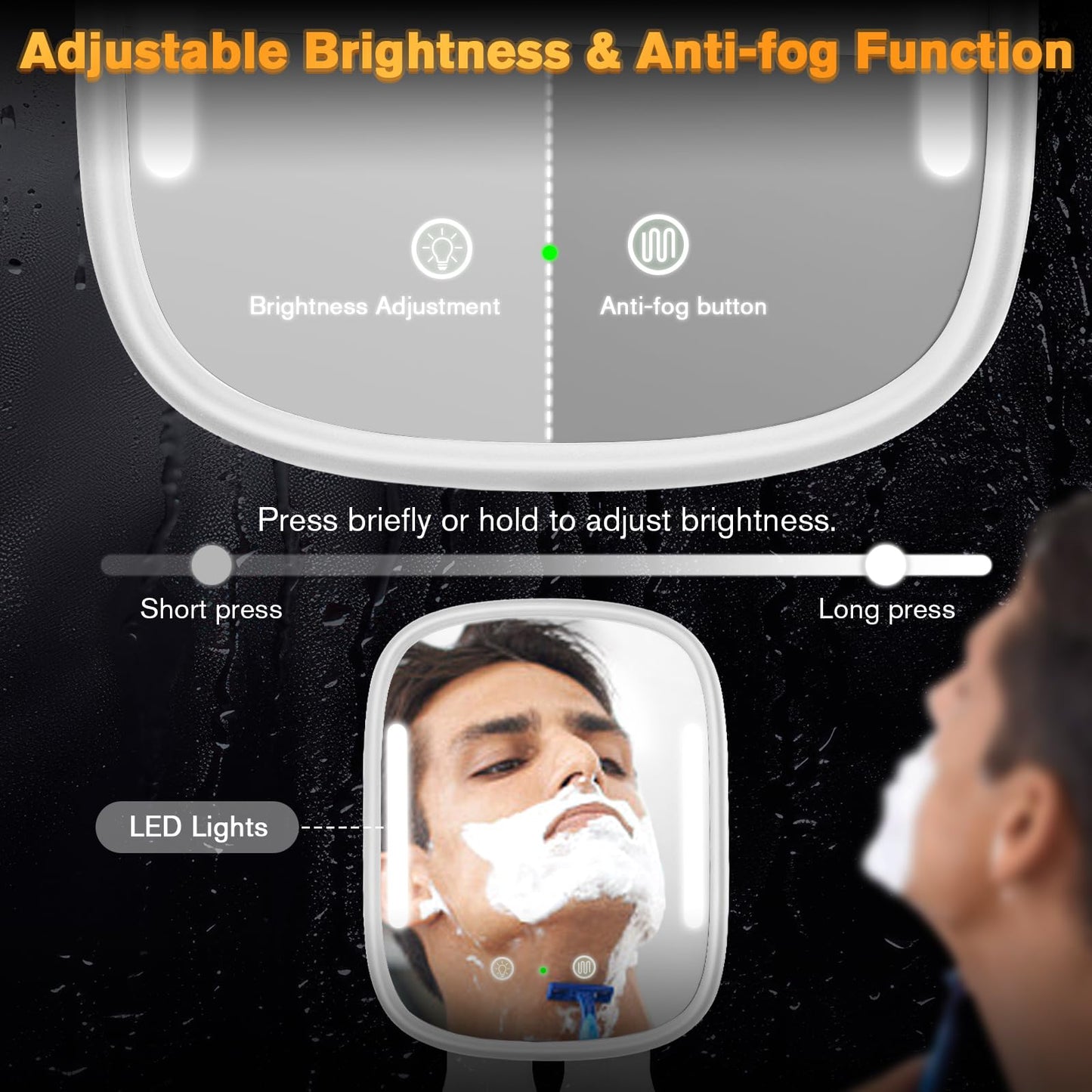 Showvigor Heated Shower Mirror Fogless for Shaving with Light, Rechargeable Battery, Detachable Adhesive Hook & Razor Holder, NO-Drilling Waterproof Anti-Fog Mirror, Gift for Men(White)