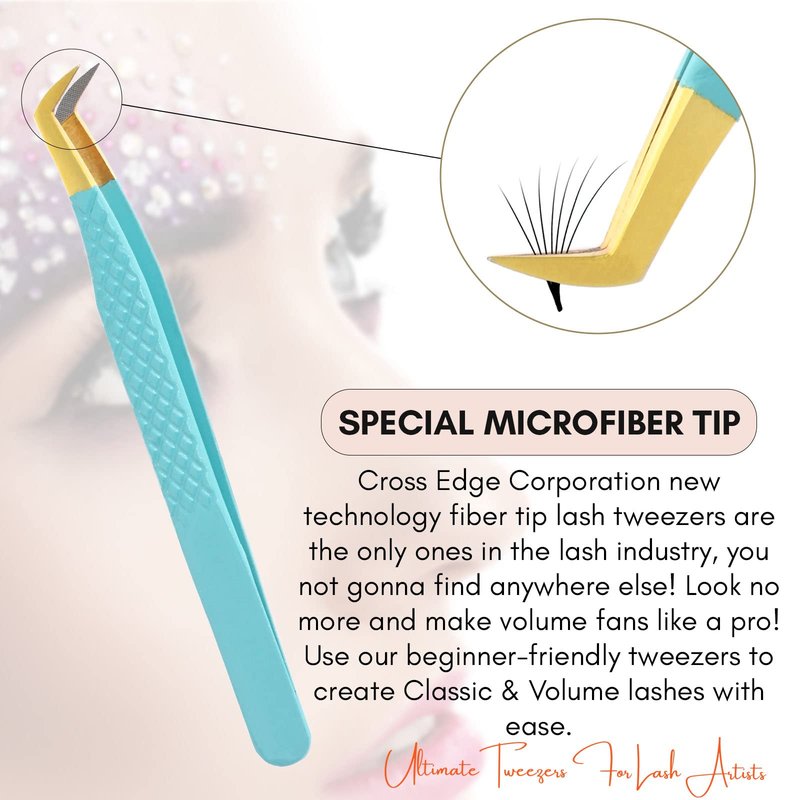 My Lash Tools Fiber Tip Lash Tweezers for Eyelash Extensions Professional Lash Tech Supplies Must Haves Volume Boot Eyelash Tweezers 12cm Stainless Steel Mink Fan Making Lashing Tweezer (Turquoise)