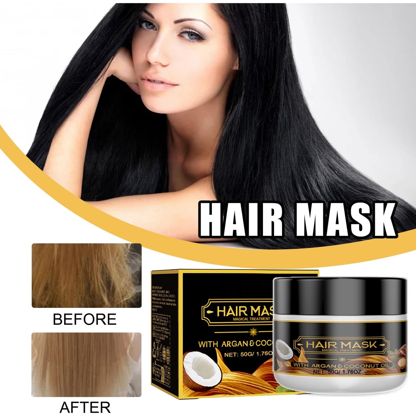 Hair Mask with Argan and Coconut Oil, Deep Repair Treatment for Damaged Hair, Nourishing Conditioner for Shiny Soft Hair, 50g/1.76oz