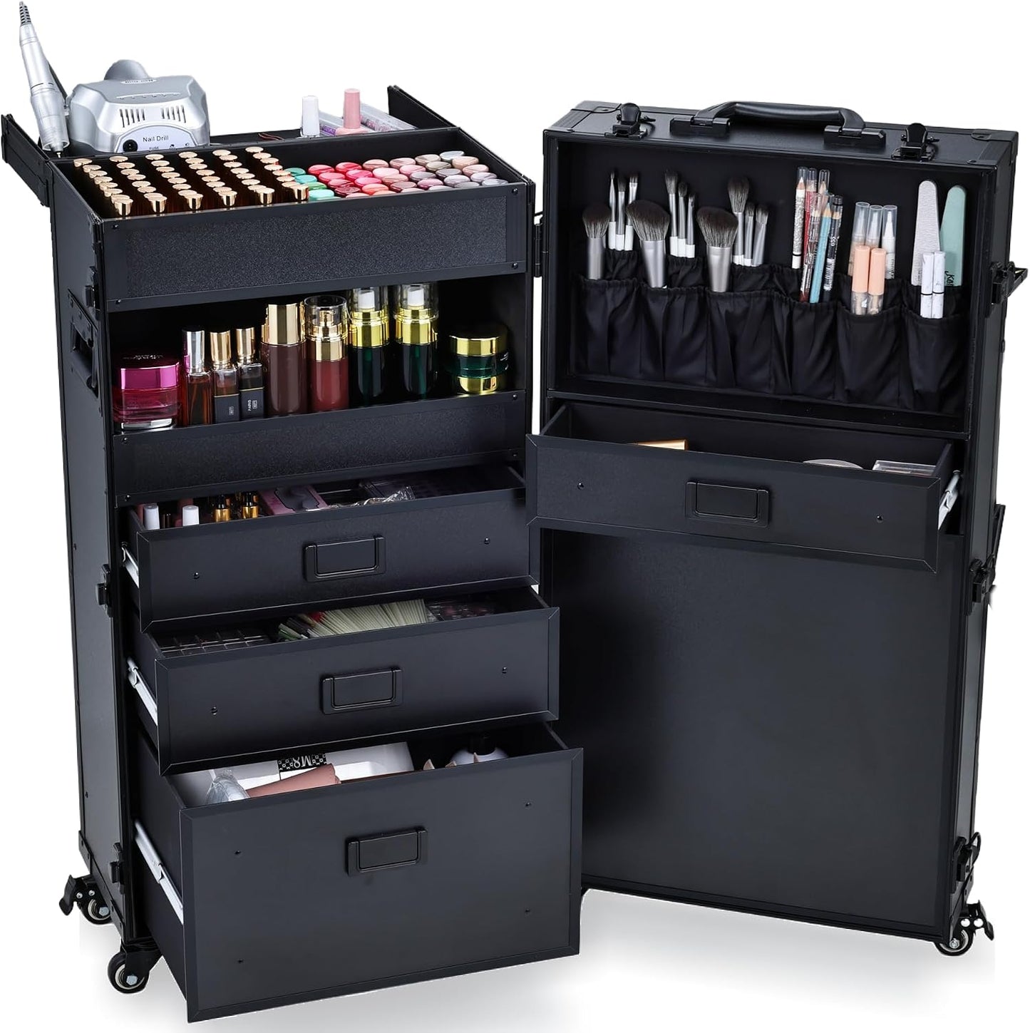 Mobile Nail Tech Station - Rolling Makeup Case with Drawers | Lockable Nail Travel Cart for Cosmetology & Tattoo Work