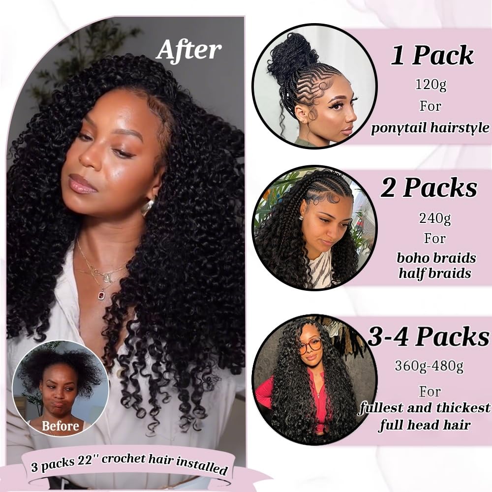 Burmese Curly Crochet Hair - 120g Knotless Pre-Separated Bundles | 16-Inch Natural Black for Black Women