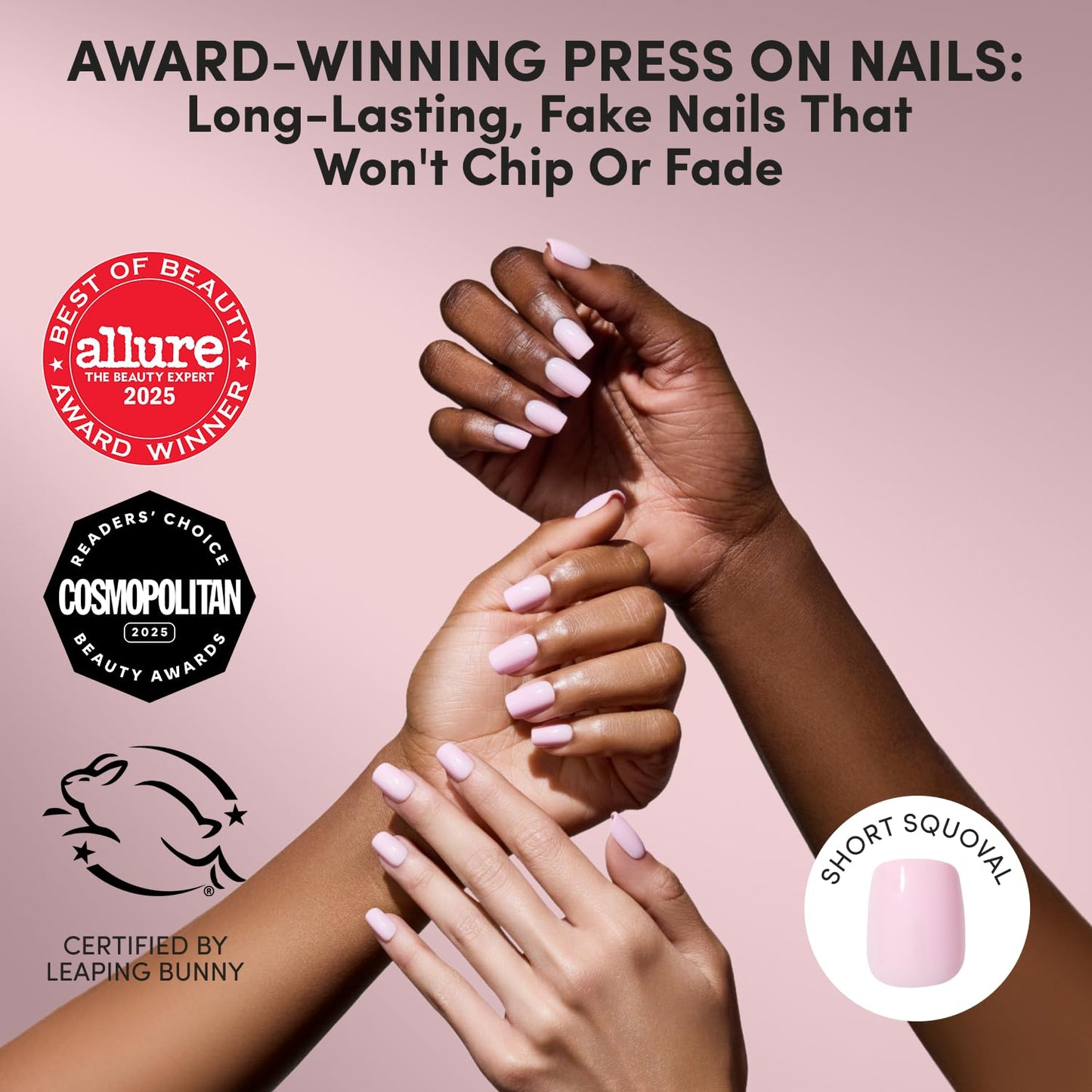 Glamnetic Press On Nails - Short Squoval Fake Nails | Glossy Light Pink Press On Nails, Salon Quality Kit with Glue | Pink Control - 30 Nail Set in 15 Sizes