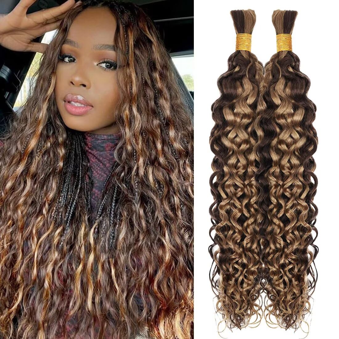 Unprocessed Human Hair for Braiding - #30 Auburn Curly Bulk Hair, 12A Grade, 24 Inch, 100g (2 Bundles)