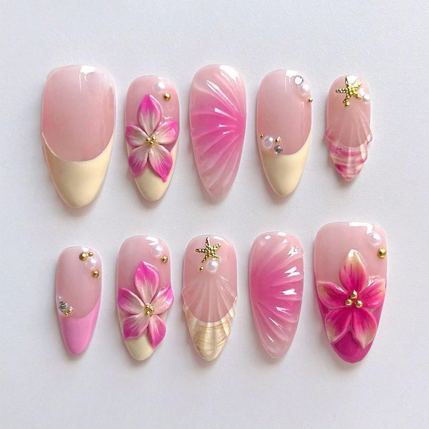 30Pcs Summer Beach Press-On Nails - Medium Almond French Tip with 3D Pearl Seashell Designs | Ocean-Inspired Acrylic Nails for Women