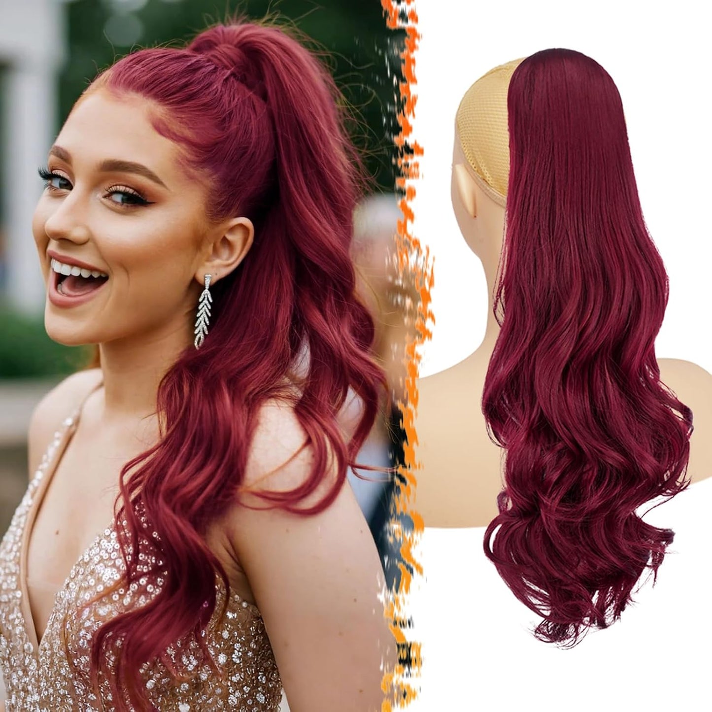 Black Wavy Drawstring Ponytail Extensions - 20 Inch Curly Clip-In Hairpiece for Women, Natural Look