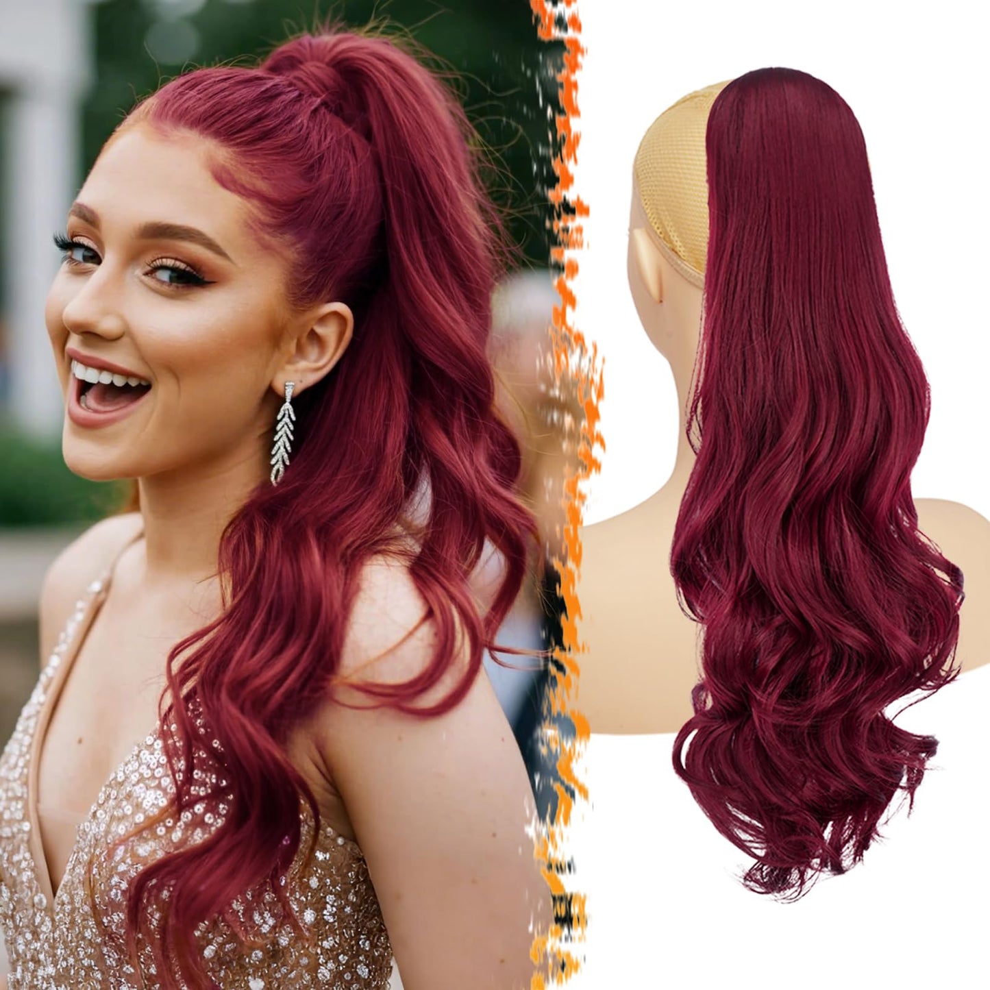 BARSDAR Burgundy Red Wavy Drawstring Ponytail Extensions – 20 Inch Synthetic Drawstring Comb Clip in Ponytail Hair Extensions for Women, Natural Looking Curly Wavy Red Pony Tails Hairpieces
