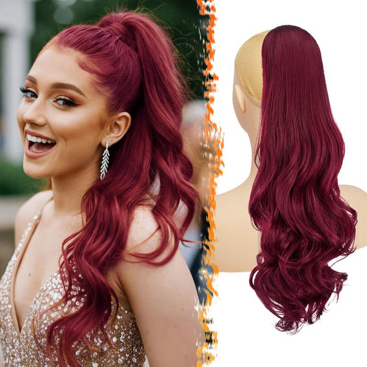 BARSDAR Burgundy Red Wavy Drawstring Ponytail Extensions – 20 Inch Synthetic Drawstring Comb Clip in Ponytail Hair Extensions for Women, Natural Looking Curly Wavy Red Pony Tails Hairpieces