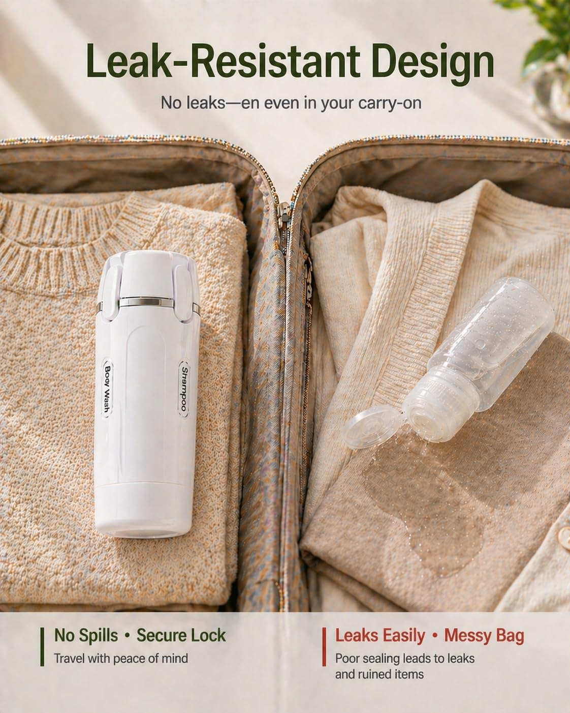 Travel Dispenser Bottle - 4 in 1 TSA Approved Leak Proof Toiletry Containers | Refillable for Shampoo, Conditioner, Lotion & Skincare
