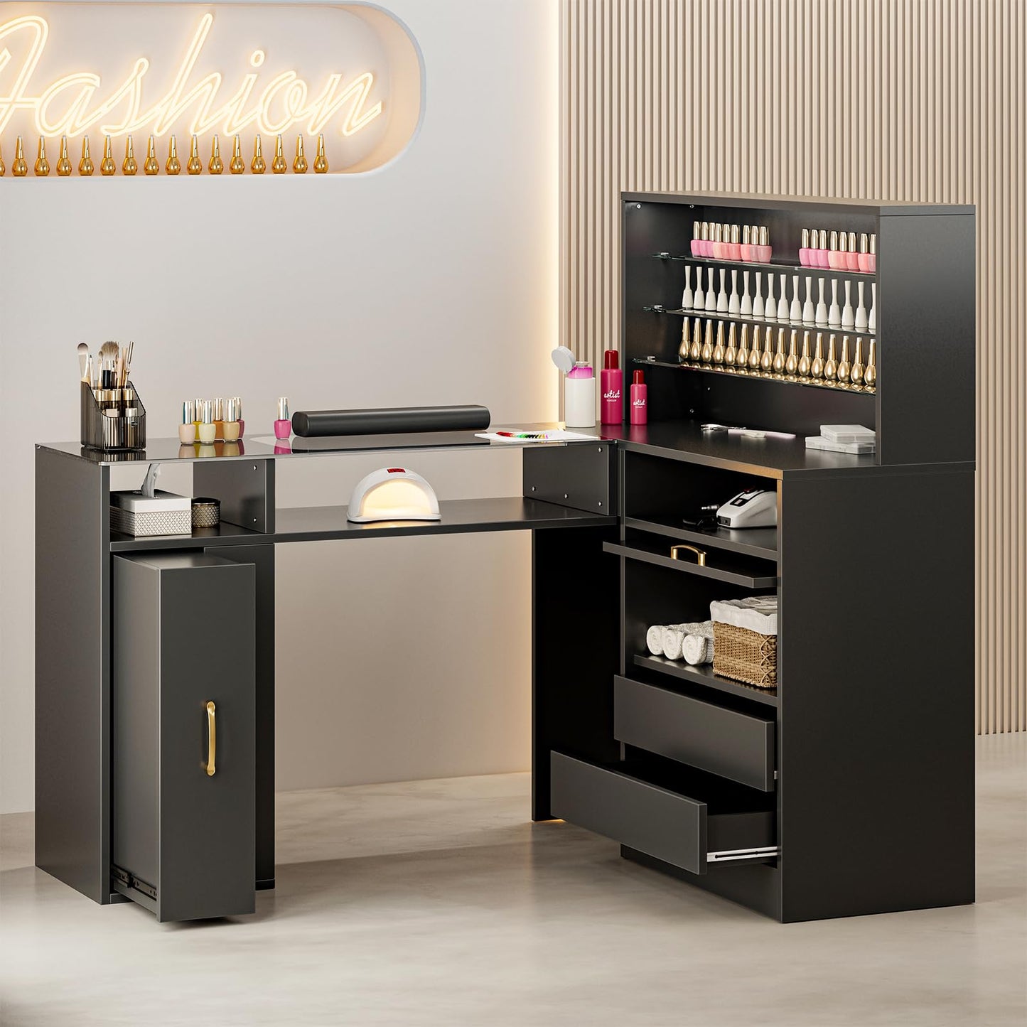 Paddie Manicure Table with LED Light, L-Shaped Glass Top Nail Tech Table w/2 Storage Shelves, Upwards Cabinet Door, Corner Nail Station w/3 Drawers & Wrist Cushion(Black)
