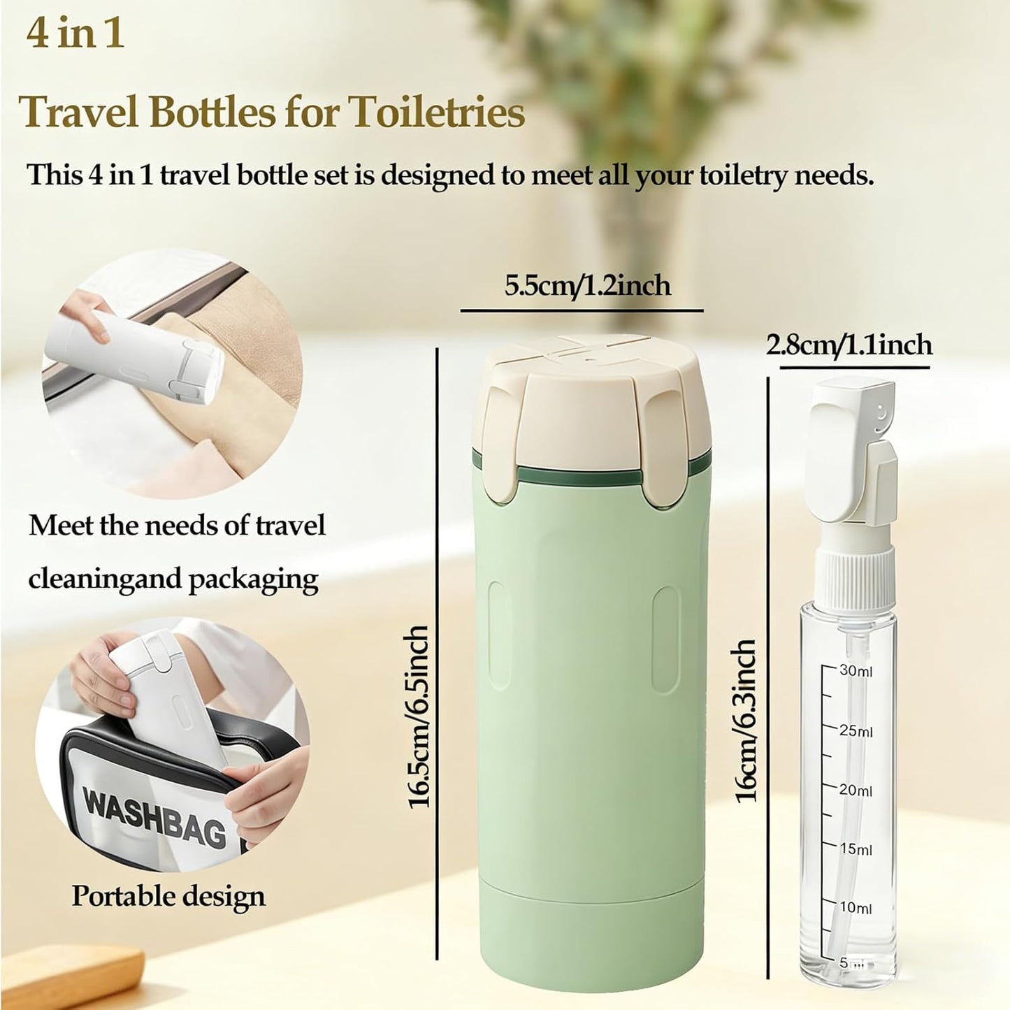 Travel Dispenser Bottle - 4-in-1 Leakproof Toiletry Set | TSA Approved 30ml Pump Bottles & Labels