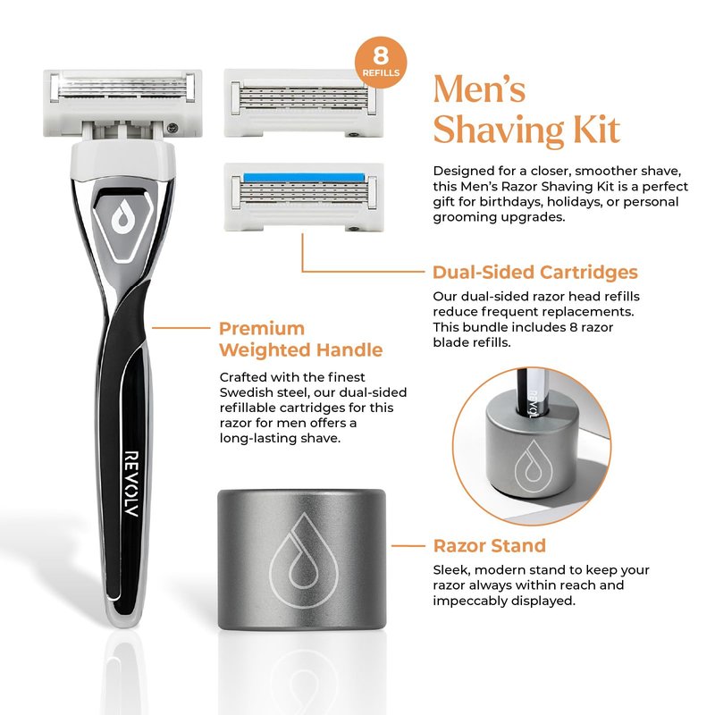 REVOLV - Men’s Razor Shaving Kit - 1 Premium Weighted Handle + 9 Dual-Sided Cartridges + 1 Stand - For a Closer, Smoother Shave - Safe on Sensitive Skin - 8 Razor Blade Refills - Black
