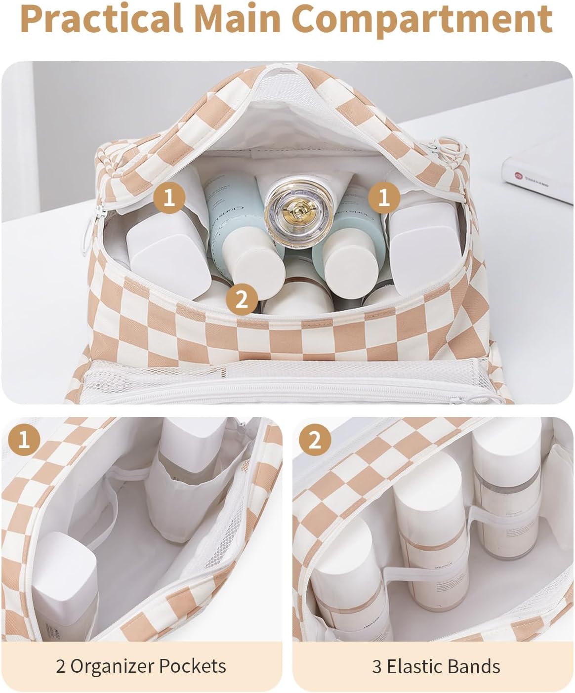 Travel Toiletry Bag - Small Hanging Makeup Organizer for Women | Light Brown Checkerboard Design