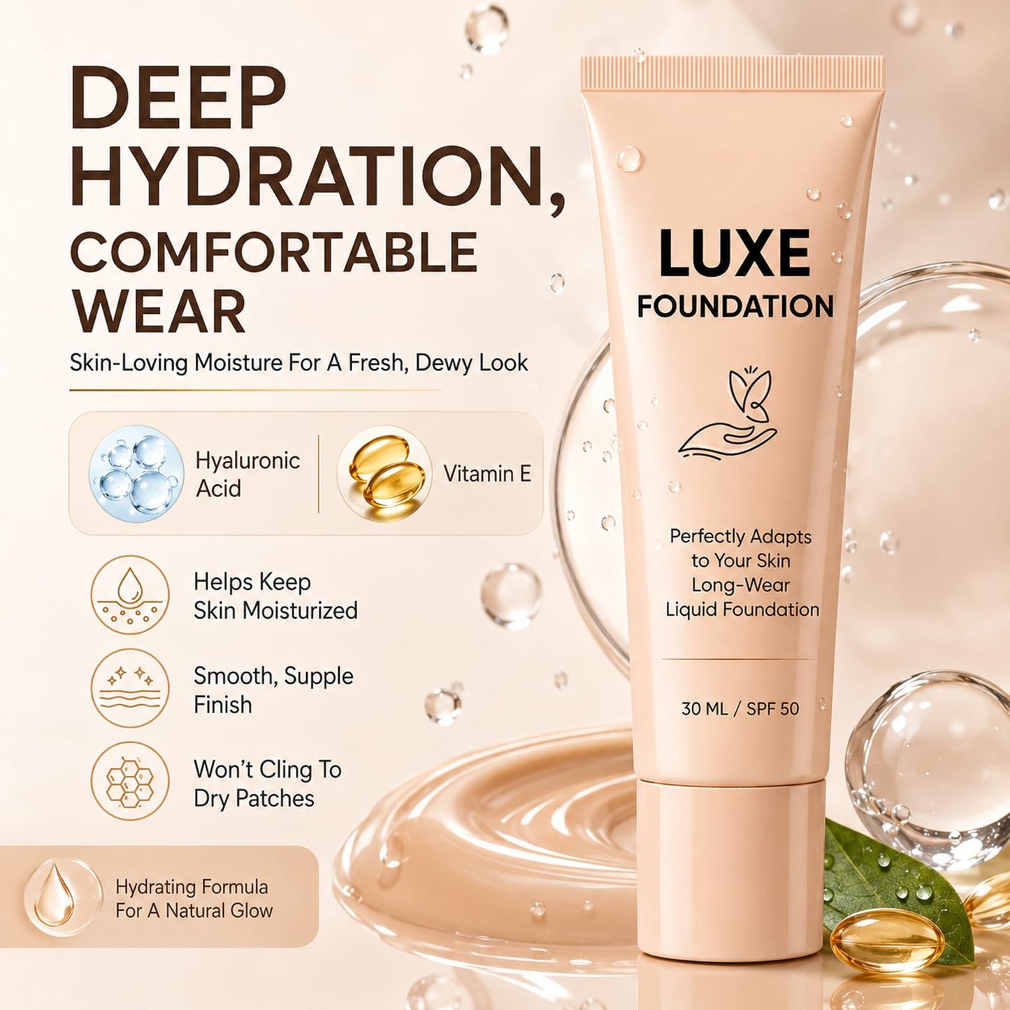 Luxe Foundation for Women, Color Changing Foundation, Hyaluronic Acid & Vitamin E, Creates Flawless Skin, Deep Hydration & Refines Pores for Natural Glow 30 ML