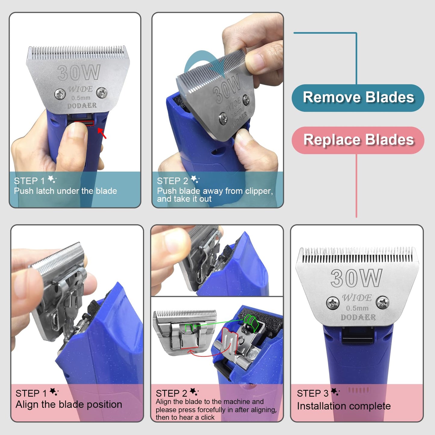 DODAER Detachable Pet Dog Grooming Blades-Size 10W Dog Grooming Wide Blade,Cutting Length 1/16" 1.5mm,Compatible with Andi-s,Oster A5,Wahl km10 Clippers