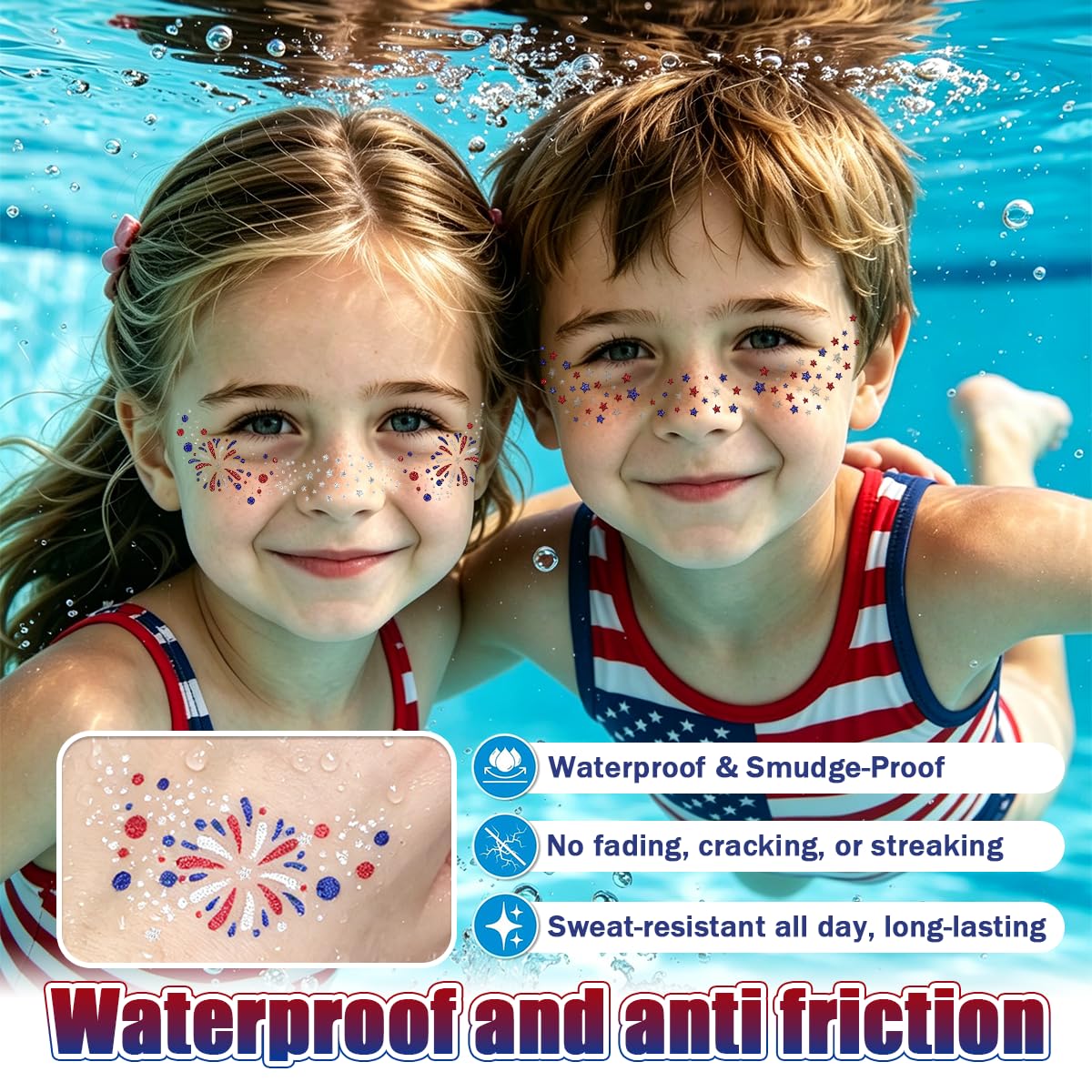 Mysense Waterproof 4th of July Temporary Tattoos - Red, White & Blue Glitter Face Stickers | Easy Application, 6 Sheets