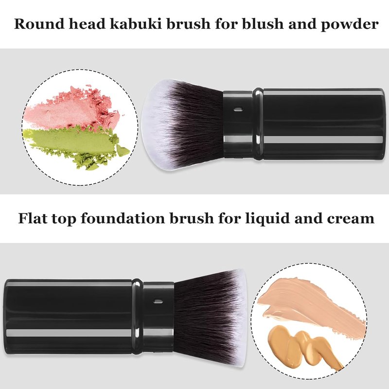 Retractable Kabuki Makeup Brush Set - 2 Pack Travel Brushes for Powder, Cream & Liquid Cosmetics | Aluminum Handle