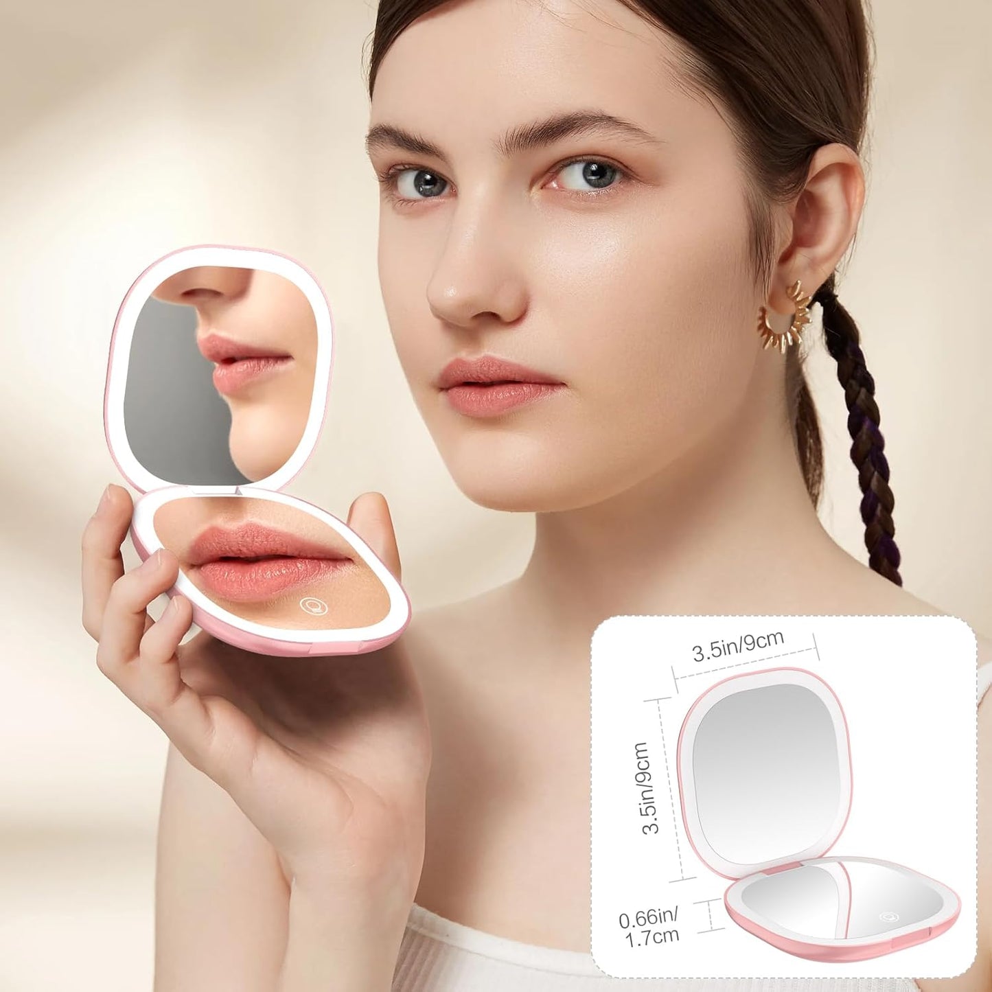 Travel Mirror with Light - Rechargeable 1x/10x Compact Magnifying Mirror | Dimmable Pocket Mirror, 3.5 Inch, Rose Gold