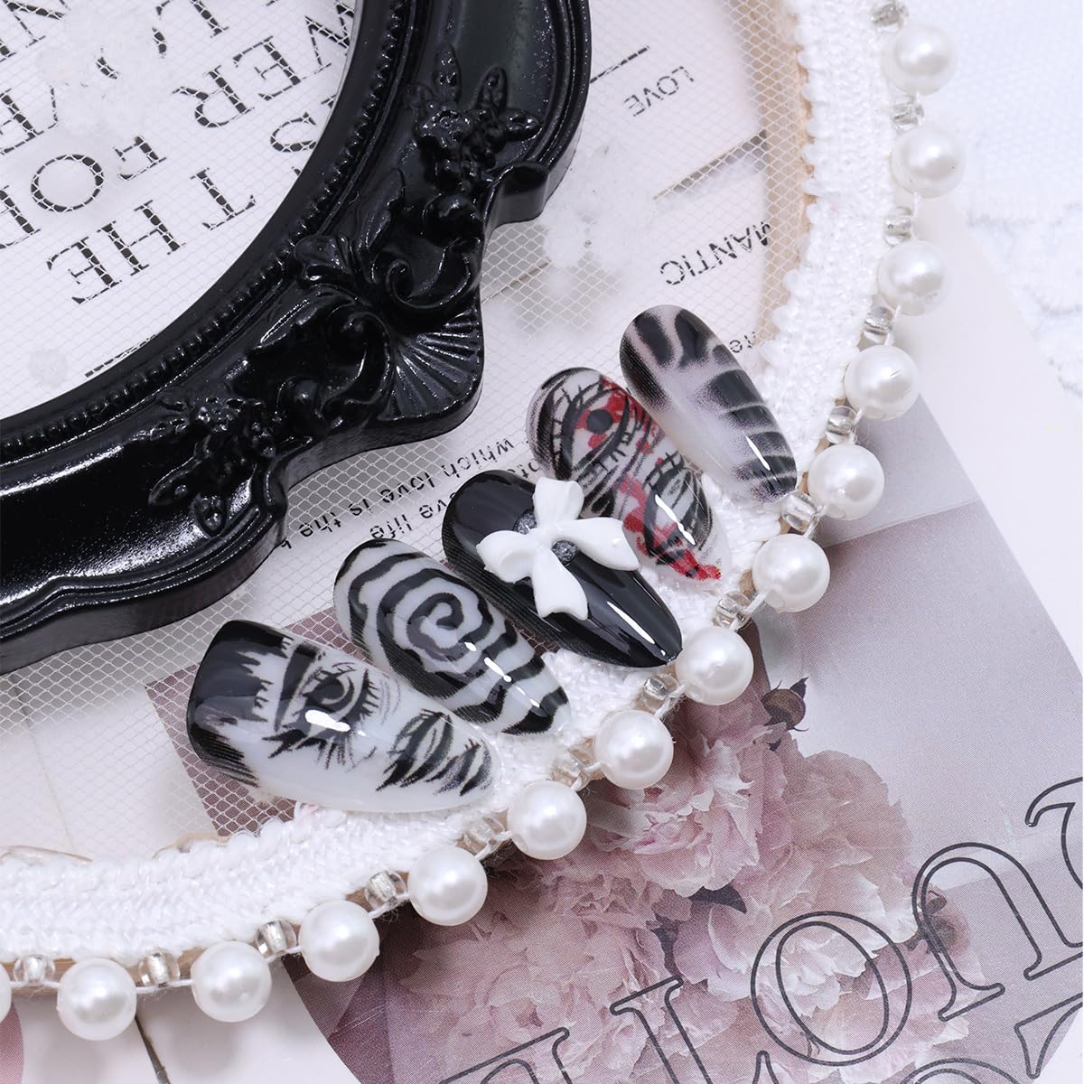 Gothic Press-On Nails - 30Pcs Medium Almond Fake Nails with Cute Bow Design | Black & White Horror Goth Styles