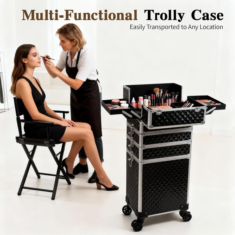 Rolling Makeup Train Case - 5 in 1 Professional Cosmetic Organizer on Wheels | Large Black Storage for Hairstylists & Artists