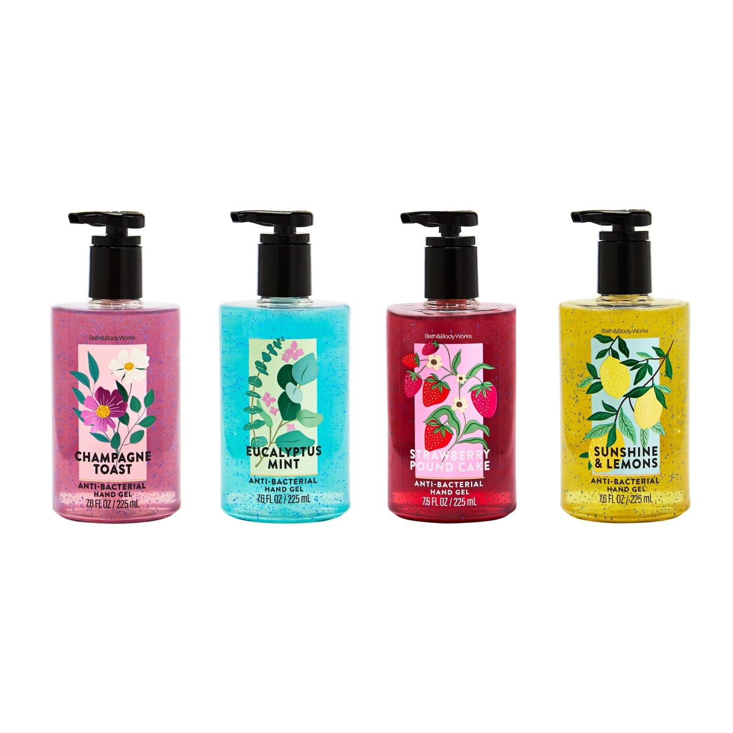 Bath & Body Works Champagne Toast, Sunshine & Lemons, Strawberry Pound Cake & Eucalyptus Mint Hand Sanitizer with Pump Bundle - Conditioning Hand Sanitizer for Soft, Clean Hands - Thoughtful Gift