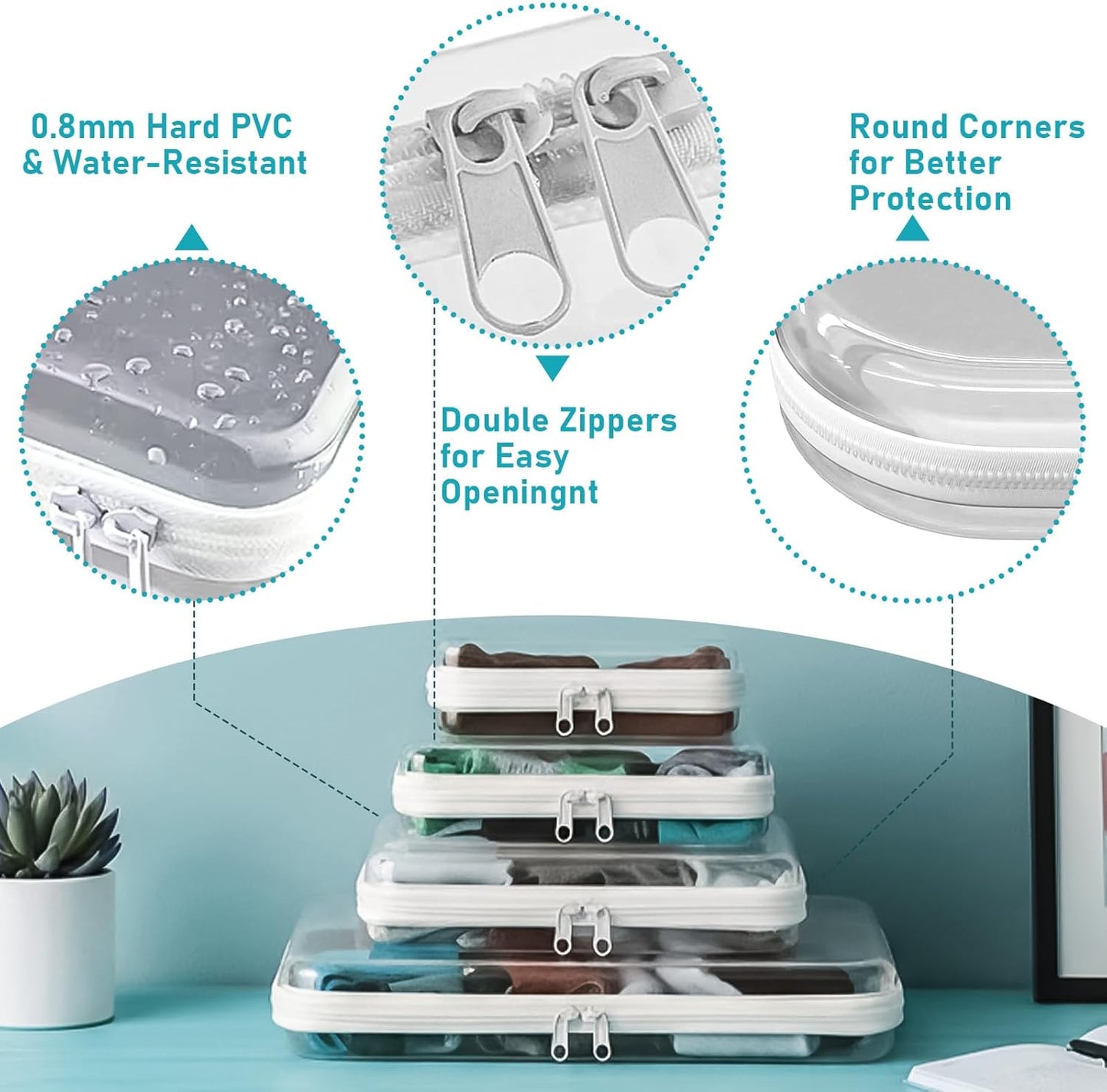Clear Hard Shell Double-Zipper Pouches - Transparent Organizer Bags for Travel, Cosmetics & Toiletries | 4-Pack (White)
