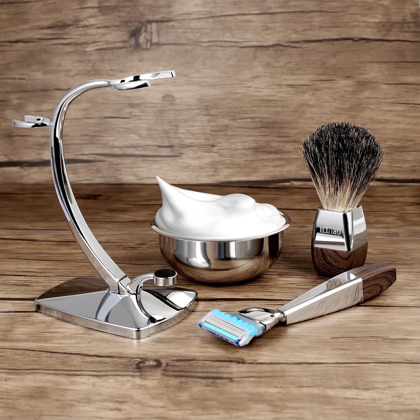 GRUTTI Shaving Kit for Gillette Fusion 5 - Magnetic Bowl, Stand & Synthetic Brush, compatible with Fusion5 Refill Blades with Space-Saving Organizer - Gift for Dad
