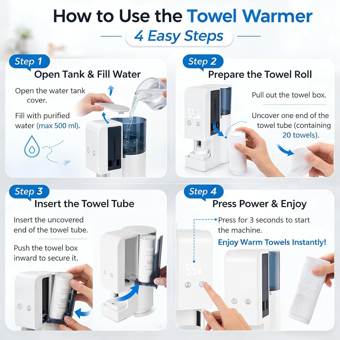 Automatic Hot Towel Dispenser - Upgraded Facial Towel Warmer with 5s Instant Heat | 55°C (131°F) Voice Alert, Wall/Counter Use (100 Towels)