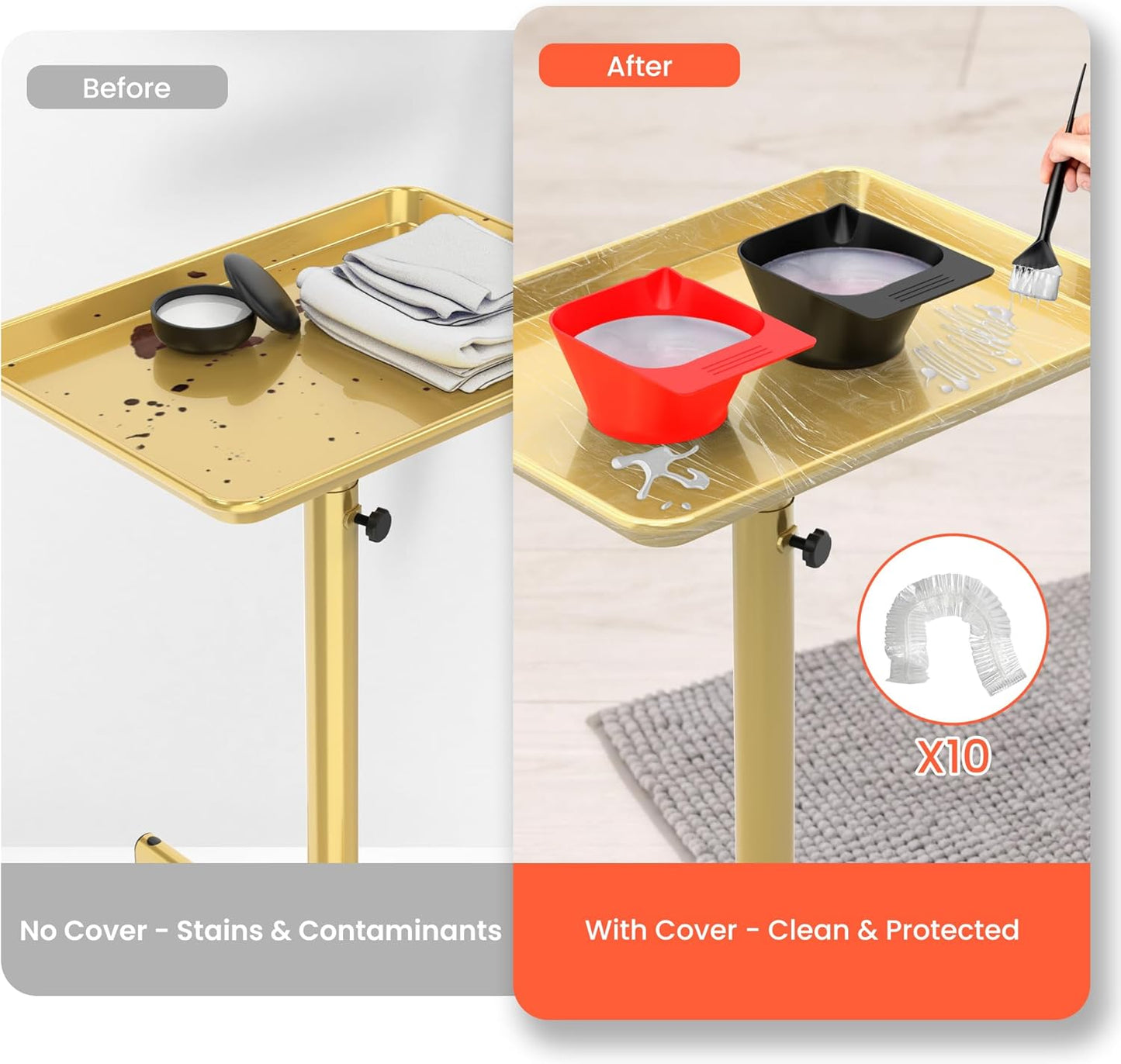 Rolling Salon Tray - Adjustable Height Mobile Trolley with Wheels & 2 Magnetic Dye Bowls | Gold Metal, 10 PCS Covers