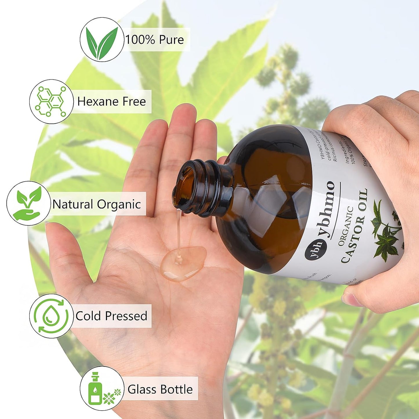 Cold Pressed Castor Oil - 100% Pure & Hexane Free for Hair Growth | 16 Fl Oz Organic Glass Bottle