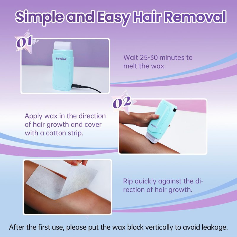 LaWink Roll On Wax kit,Waxing Kit for Sensitive Skin,Wax Roller Kit for Hair Removal with 2 Soft Wax Cartridge& 100 Pcs Wax Strips for Larger Areas of the Body Hair Removal at Home washable