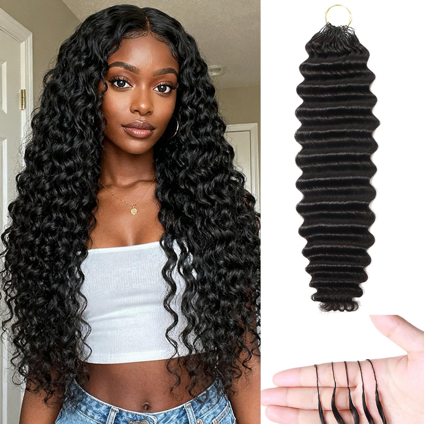 Human Crochet Hair for Black Women - 20 Inch Deep Wave Extensions | Soft & Lightweight Natural Black, 50 Strands
