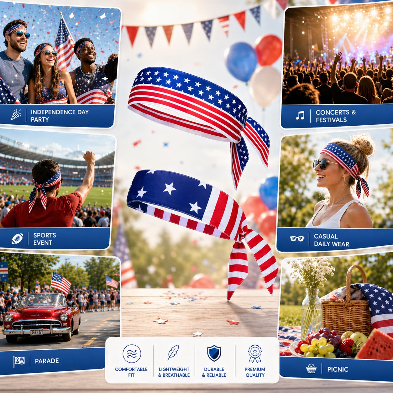 LEJOJOIN 2PCS American Flag Bandana Headbands USA Patriotic Headband for Men Women Perfect Match 4th of July Shirts Outfits (Red White Blue)