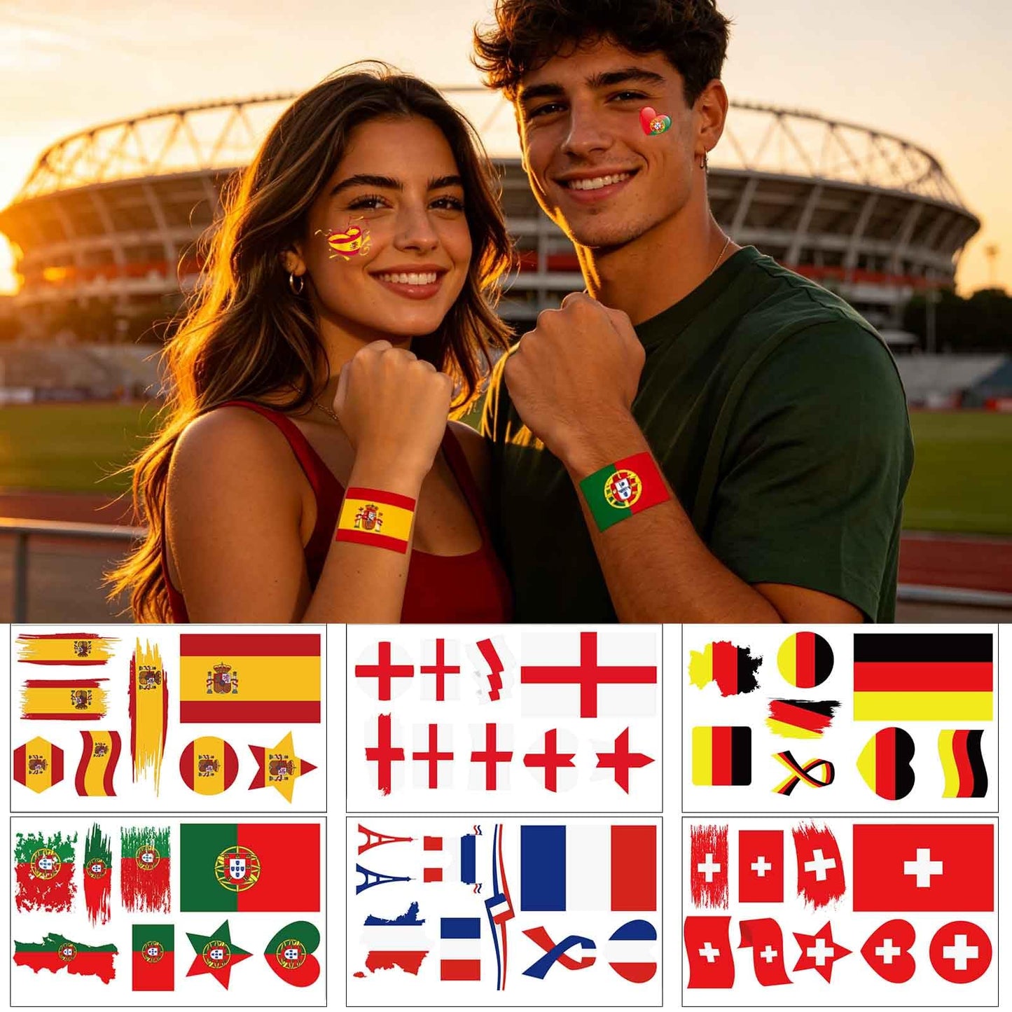 36 PCS Portugal Flag Temporary Tattoos Set, 4 Sheets Waterproof Country Flag Face Tattoos Fake Tattoos, Multicultural Travel Stickers World Cup Olympic Party Supplies for Men Women Kids